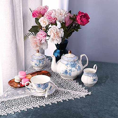 fanquare Set da tè in Porcellana con Fiori Blu, Set Tazza da tè e Piattino, Servizio da tè da Sei, Nozze Teiera… - immagine 7
