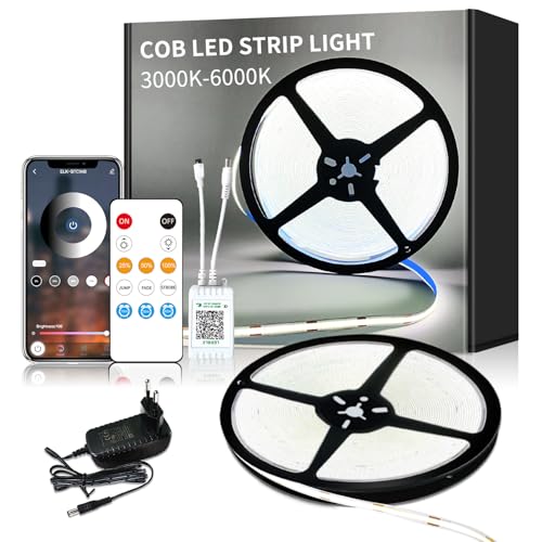 Yeewhale Cob Led Strip 10M,App Steuerung,Mit Fernbedienung,Flexible Dimmbar Cob Led Streifen, Dc24V 6000K Weiß Led Band, Anwendbar Auf Schlafzimmer, Raum,Diy Dekoration
