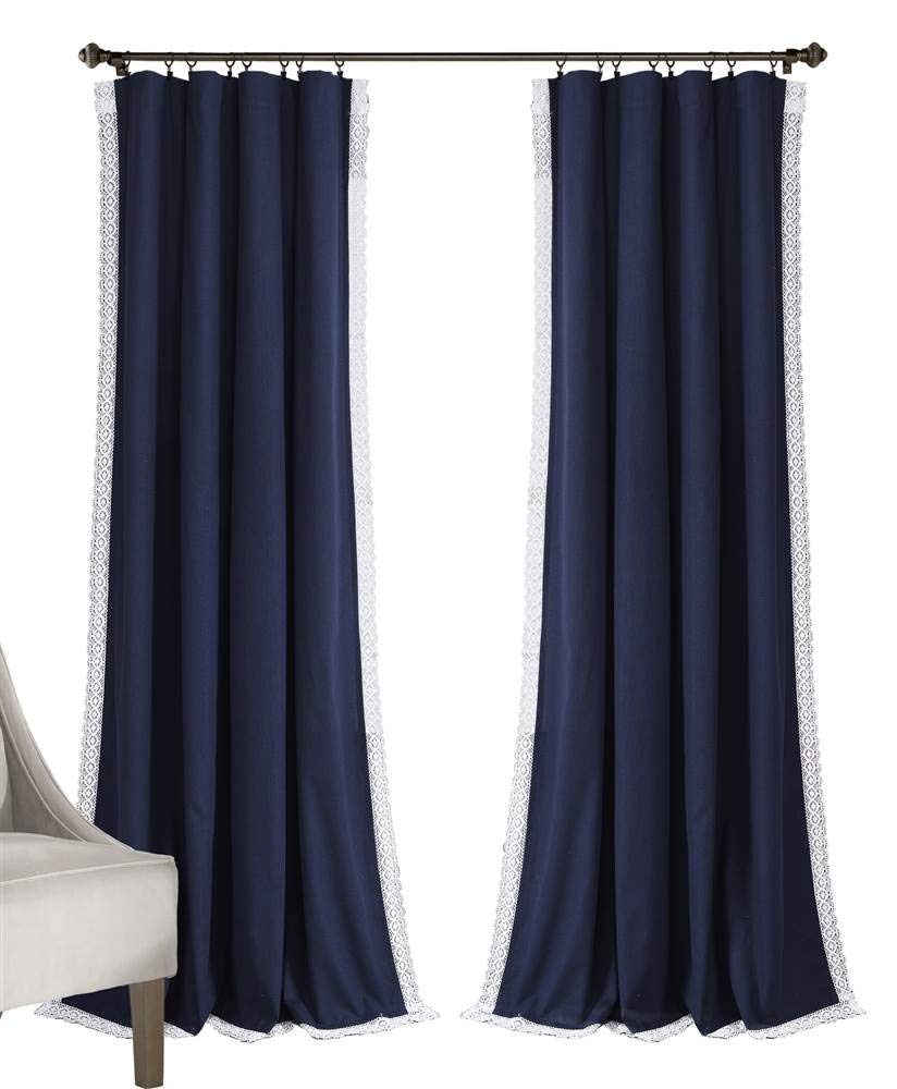 Lush Decor Rosalie Light Filtering Window Curtain Panel Set- Pair- Vintage Farmhouse & French Country Style Curtains - Timeless Dreamy Drape - Romantic Lace Trim - 54" W x 84" L, Navy — image 1