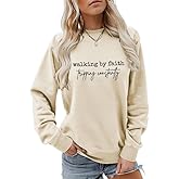 PIYEWO Christian Sweatshirts for Women Faith Tops Walking by Faith Tripping Constantly Religion Long Sleeve Crewneck Pullover