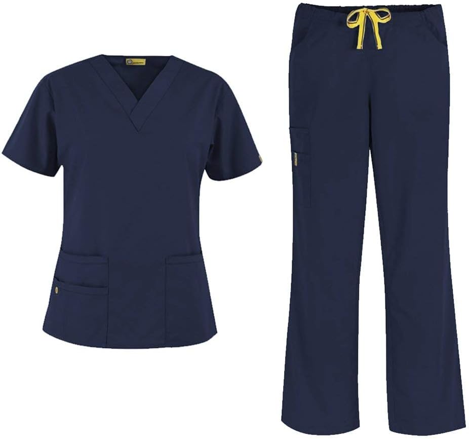 WonderWink Origins Women's 6016 Bravo V-Neck Top & Romeo Drawstring Pant 5026 Medical Uniforms Scrub Set (Navy - Large/Large)