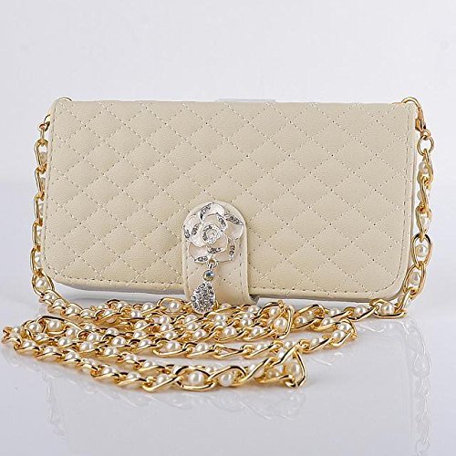 Big Mango Multi-purpose Cross body Bag Fashion Diamond Lattice Cellphone Pouch Filio Flip PU Leather Case and Wallet Cover for Apple iPhone 6 Plus, 5.5 Inches with Multiple ID Card Holders & Detachable Long Strap & Money Pocket & Bling Flower Design -White