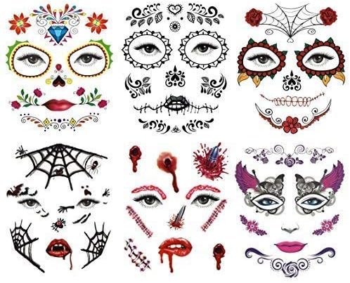 Robelli Day of the Dead Temporary Halloween Eye & Face Tattoos - Pack of 6, Random
