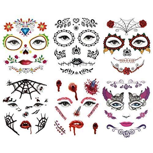 Robelli Day of the Dead Temporary Halloween Eye & Face Tattoos - Pack of 6