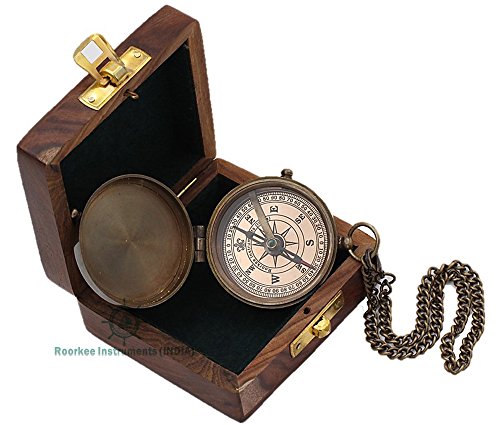 Roorkee Instruments India Boy Scouts Engravable Brass Pocket Compass with Wood Case