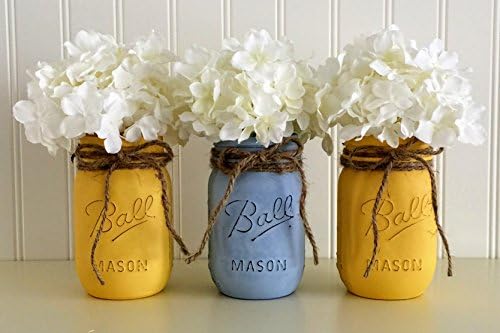 Mason Jar Set - 3 Piece, Yellow And Blue, Centerpiece