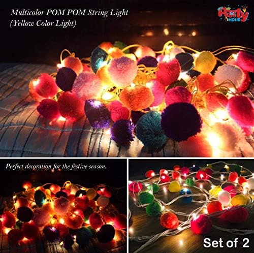 Party Hour Battery Operated Rice Light Pom Pom String Lights for Diwali, Christmas,Birthday, Anniversary and New Year Party Decoration - Multicolor (8 Meter Long with 38 Lights)
