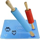 Chefast Non-Stick Rolling Pin and Pastry Mat Set: Combo Kit of Large and Small Silicone Dough Rollers, Reusable Kneading Mat with Measurements, and 2 Stainless Steel Cookie Cutters for Baking