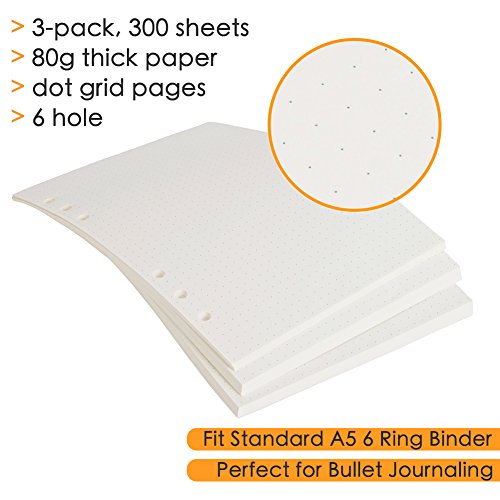 A5 6-Ring Binder/Planner Refill Paper (Pack of 3, 300 Sheets) for Filofax, 6 Hole, Dot Grid Pages