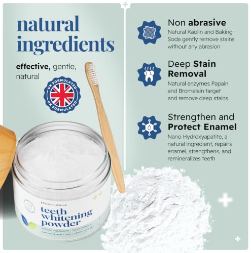 EcoBrightSmile Teeth Whitening Powder – Dentist Approved – Removes Years of Coffee, Tea & Ageing Stains – Enamel Safe Tooth Whitening, Peroxide-Free Stain Remover, Teeth Whitener with Hydroxyapatite
