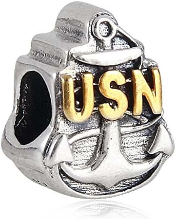 USN Navy Anchor Charm 925 Sterling Silver Two-tone Beads Fit DIY Charm