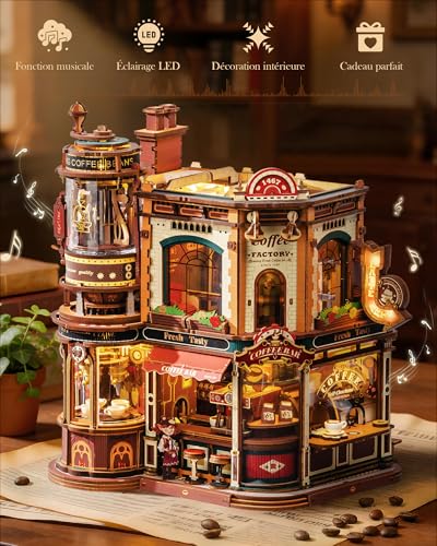 ROBOTIME Wooden 3D Puzzle for Adults to Build - Dream Coffe Factory, Miniature Building Kit with Music, Lights and Animated Scenes, Miniature House/Book Nook Café EAB02