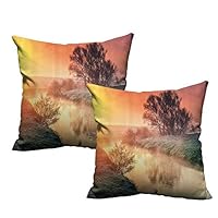 LilyDecorH Personalized Pillow Cases,Nature,Dramatic Scenery Sunlight and Trees Majestic Foggy Dnister River in Ukraine,Teal Salmon Yellow 14"x 14"x2 Soft & Wrinkle Free