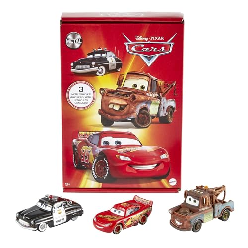 Mattel Disney Pixar Cars- Confezione da 3 Veicoli Radiator Springs, con Macchinine Saetta McQueen, Sceriffo e Cricchetto, Giocattolo per Bambini 3+ Anni, HBW14