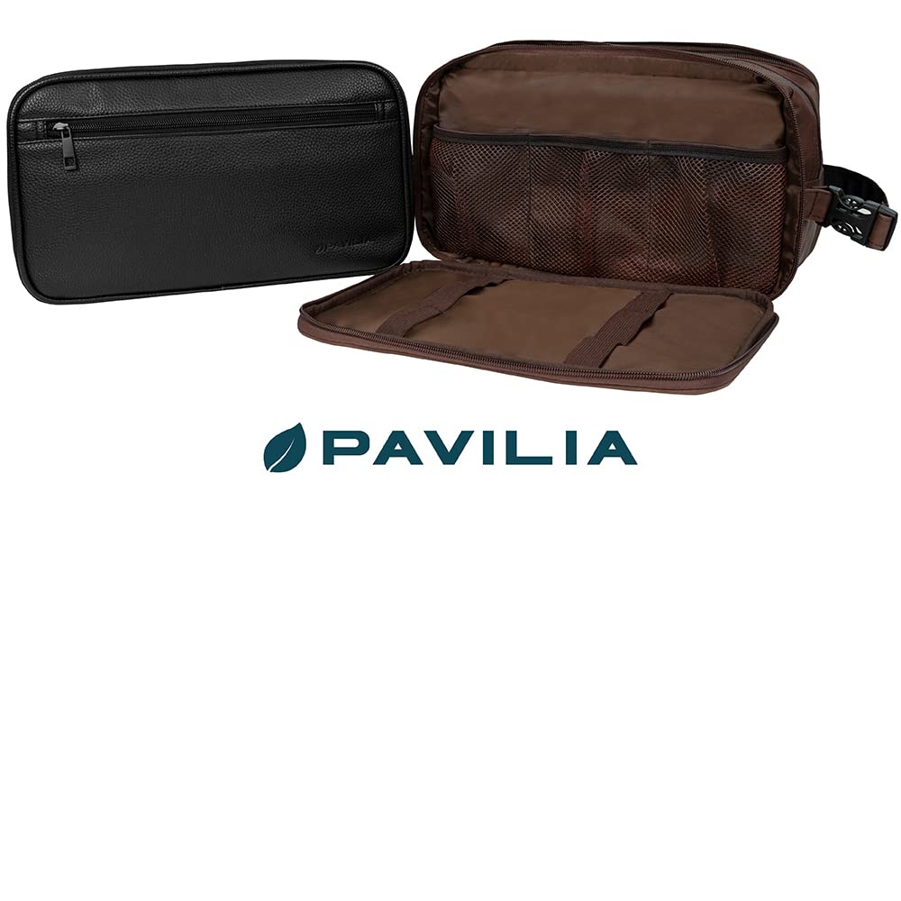 PAVILIA Toiletry Bag for Men, Travel Toiletries Bag | Water-resistant Dopp Kit, PU Leather Shaving Pouch Organizer for Accessories, Cosmetic, Hygiene, Grooming Essentials (Black)