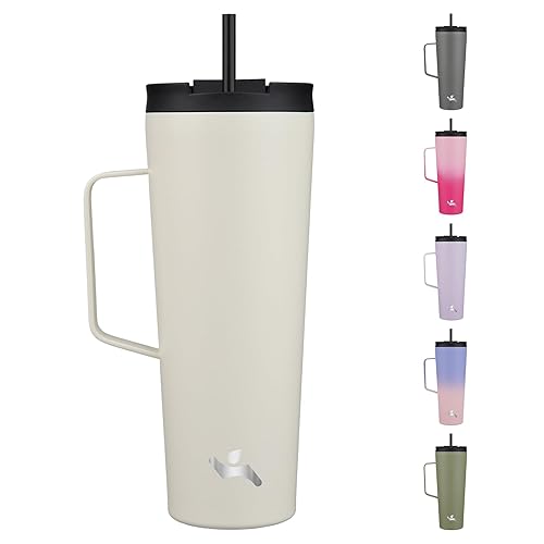Konokyo Insulated Tumbler with Handle and Straw, 26 OZ Travel Coffee Mug Stainless Steel Cup Metal Water Bottle,Angel White
