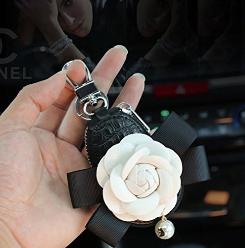 Follicomfy Camellia Pearl Flower Car Key Chain Bag Bowknot Car Smart Keyring Wallet and Auto Remote Key Fob,White Flower