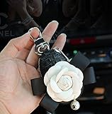 Follicomfy Camellia Pearl Flower Car Key Chain Bag Bowknot Car Smart Keyring Wallet and Auto Remote Key Fob,White Flower