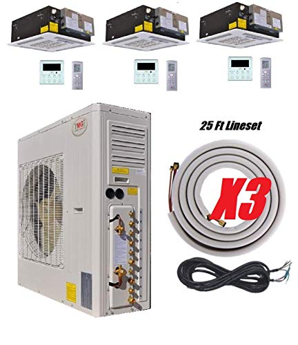 YMGI Three Zone - 60000 BTU 5 Ton Ceiling Cassette Ductless Mini Split Air Conditioner with Heat Pump for Home, Office, Apartment with 25 Ft Lineset Installation Kits (24K+24K+12K) ...