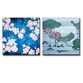 Illustration of Pink Flowers on a Blue Pond Along with Illustration of Water Lilies Over Wooden Panels - Canvas Art Home Art - 12x12 inches