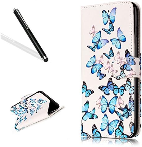 Wallet Case for iPhone 6S,Flip Case for iPhone 6,Leeook Creative Fashion Retro Elegant White Blue Butterfly Pattern Design PU Leather Folio Protective Magnet Case Cover with Stand Card Holder Book Design Fordable Cover for iPhone 6S/6 4.7" + 1 x Black Stylus