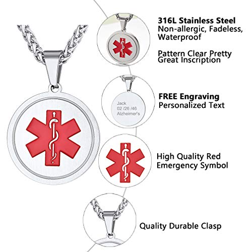 Supcare Tag Necklace Pendant Medical Alert ID Jewelry Stainless Steel for Women/Men/Children, Medical Emergency Identification Dog Tag Necklace Jewelry