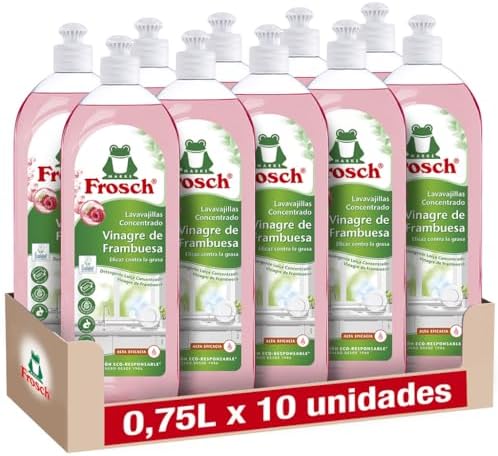 - Lavavajillas a Mano Líquido Concentrado Ecológico Vinagre de Frambuesa, Extra Desengrasante y eficacia - Pack de 10 Unidades x 750 ml