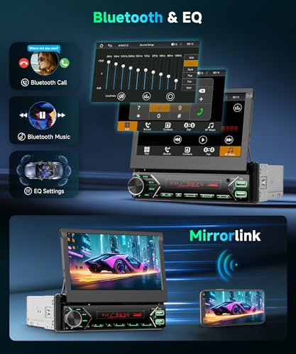 Podofo DAB+ 1 DIN Bluetooth Car Radio with CarPlay & Android Car Wireless with Motorized Retractable Screen 7 Inch Touchscreen, Mirror Link FM USB Type-C AUX Microphone Backup Camera