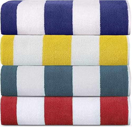 Sweet Needle Beach Towels for Adults Set of 4 - Red White Cabana Striped Classic - 100% Cotton Terry Ringspun Pool Towel, Quick Dry, Super Absorbent, 450 GSM, 76 x 152 cm