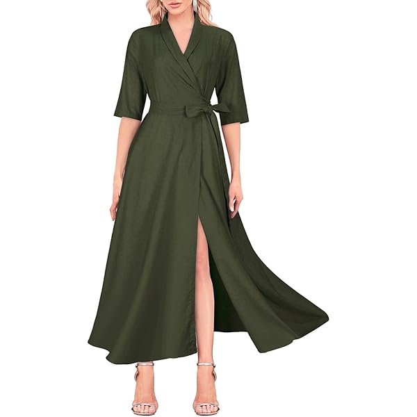 Solid Color Linen Wrap Dresses for Women Loose Deep V Neck Casual Cotton  Dresses Trendy Short Sleeve Summer Dresses Plus Size Tie Belted High  Waisted Midi Length Dress with Pockets S at