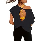 Womens Open Back Workout Shirts Cotton Tops Short Sleeve Tees Crop Backless Tops Boxy Yoga Shirts
