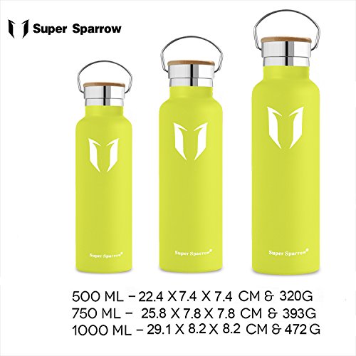 Super Sparrow Stainless Steel Vacuum Insulated Water Bottle, Double Wall Design,Standard Mouth - 500ml & 750ml - BPA Free - with 2 Exchangeable Caps + Bottle Pouch (Lemon, 500ml-17oz) - Thumbnail 4
