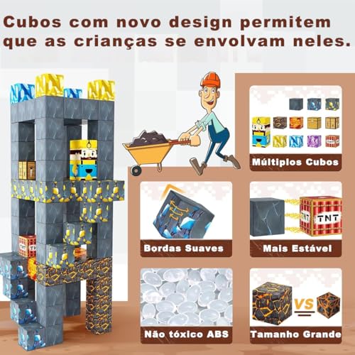 Blocos Magnéticos Infantil 72 Peças para Montar – Tema Mina de Ouro, Cubos Magnéticos Educativos de Construção, Brinquedo de Encaixe Estimulante para Crianças +3 Anos