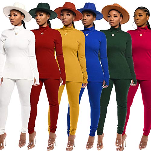 2 Piece Outfits for Women - Sexy Rib Knitted Long Sleeve Tops + Skinny Pants Tracksuit Set X-Large Dark Green - Thumbnail 2