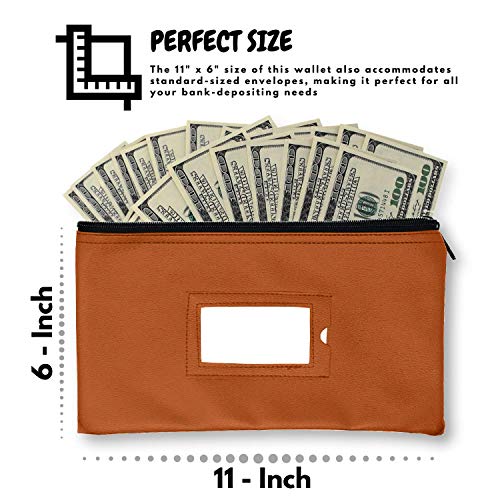 Money Bank Deposit Bag with Zipper | 11x6 inch | Brown | Durable Leatherette Money Cash Coin Check Wallet Pouch for Men & Women with Framed ID Window and Blank Card | by GIDABRAND (1) - Thumbnail 4