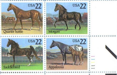 1985 AMERICAN HORSES #2155-58 Plate Block of 4 x 22 cents US Postage Stamps
