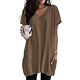 Poetsky Summer Womens Tunic Tops for Leggings with Pockets Vneck Short Sleeve Casual Long T Shirts S-3XL