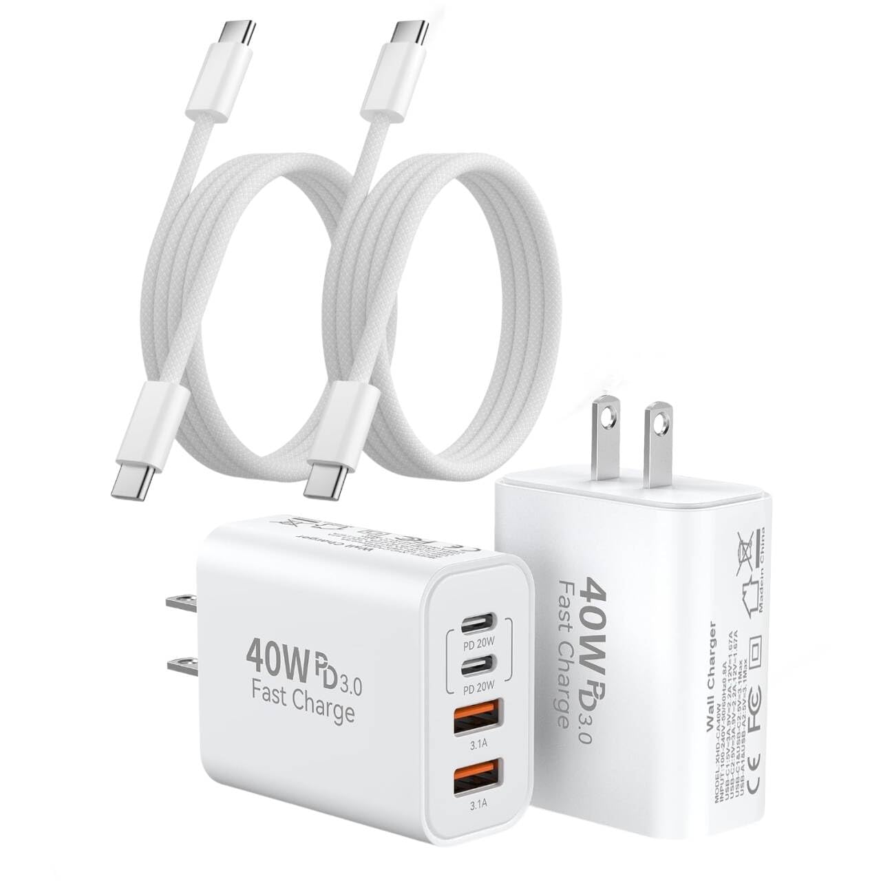 Photo 1 of 2Pack iPhone 17/16/15 Pro Max USB C to C Woven Cable Cord,PD 40W Type C Apple Charger 4 Port Wall Plug with 3FT USB C-C Fast Charging Woven Cord for iPhone 17 Air/16e/17/16/15/15 Plus/Pro/Pro Max/iPad