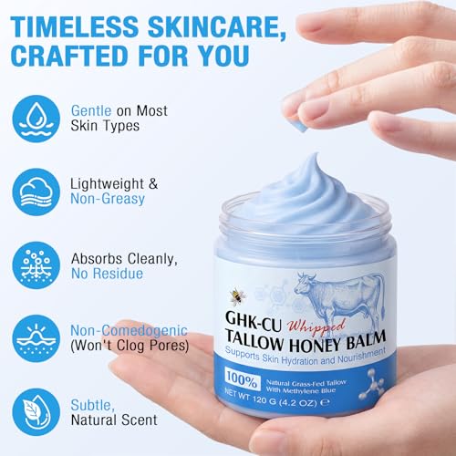 Copper Peptides GHK-Cu Beef Tallow Skin Care - Beef Suet Balm with Methylene Blue, Manuka Honey and Vitamin E, Natural Moisturizer for Face and Body - 120g