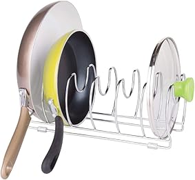 mDesign Organizador de sartenes y tapaderas – Soporte de metal cromado con 6 compartimentos para sartenes y tapas de ollas – Organizador de cajones y armarios de cocina 