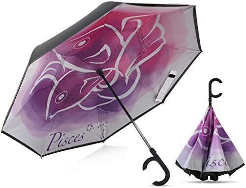 Large Reverse Folding Umbrella Inverted With C Handle Windproof Self Standing Auto Close UV Protection | Upside Down Umbrella Exclusive Zodiac Design| Gifts For Men & Women by Broni | Pisces