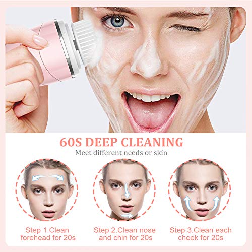 Facial Cleansing Brush, Professional Rechargeable Electric Waterproof Rotating Face Spin Brush with 3 Brush Heads for Deep Cleansing, Exfoliating and Massaging, Intelligent timing system