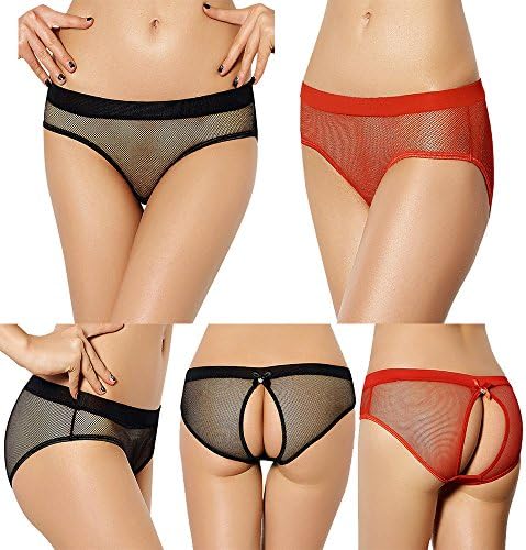 OHYEAHNY 2Pack Women Mesh Lace Crotchless Briefs–Elastic&Bowknot Sexy Transparent Panties