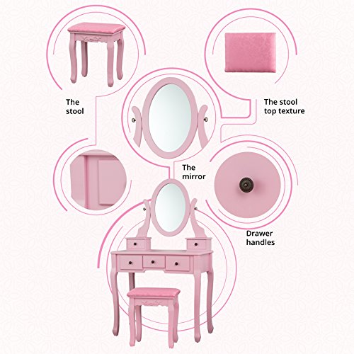 Fineboard HFB-VT07-PK Single Mirror Dressing Set Five Organization Drawers Vanity Table with Wooden Stool, Pink