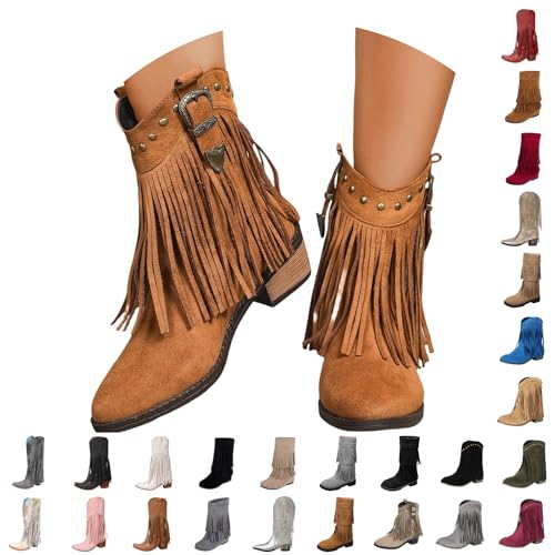 DFSDJEUW ladies cowboy boots Girls Cowboy Boots Women's Belt Buckle Foreign Trade Mid Calf Large Size Wide Fit Wedge Shoes Warm Lined Chunky Heel Knee High Boot Fashion Non Slip Brown 5.5