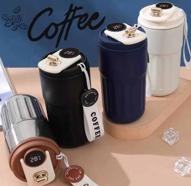 Copo Térmico Café 450ml Inox com Display Digital LED de Temperatura, Antivazamento, Portátil com Alça e Tampa, Isolamento a Vácuo, Mantém Bebidas Quentes e Frias por Horas (Prata/Inox)