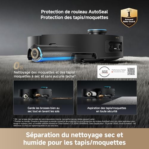 Aqua10 Ultra Roller Complete Robot Aspirateur, Nettoyage Automatique du Rouleau, Aspiration de 30 000 Pa, Évitement d'obstacles de 8 cm, Vidage Automatique, Commande Vocale Intelligente, Noir