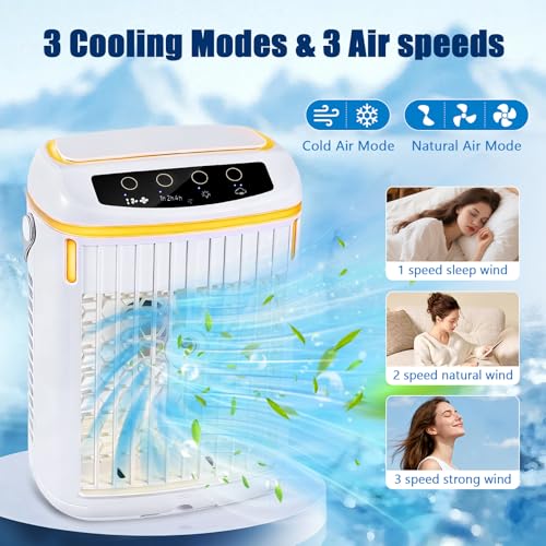 4 in 1 Mobile Air Conditioner with Remote Control, 1/2/4H Timer, 3 Speed, 3 Mist Modes, 1000ml Tank, 7 Color LEDs, Touch Screen, Personal Fan Mist for Home Office