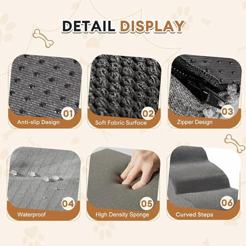 Beauenty Dog Stairs Ramp for Beds Couches, 19.7” H Extra Wide 4-Step Pet Steps for Small Dogs and Cats, Non-Slip Waterproof Fabric Cover, Stable and Balanced Indoor Step, Grey (4-Step)