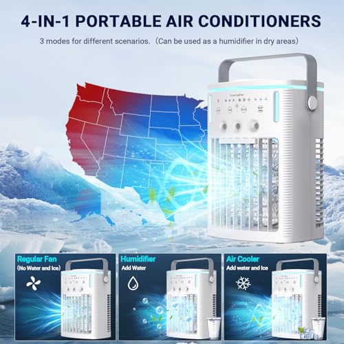 Portable Air Conditioners, New 4-in-1 Ultra-Quiet Portable AC Unit, 1000ML Water Tank Evaporative Air Cooler with 3-Cool Mist & 3-Speeds, Remote Control, 7 Color Light, 8H Timer for Bedroom,Office,Car